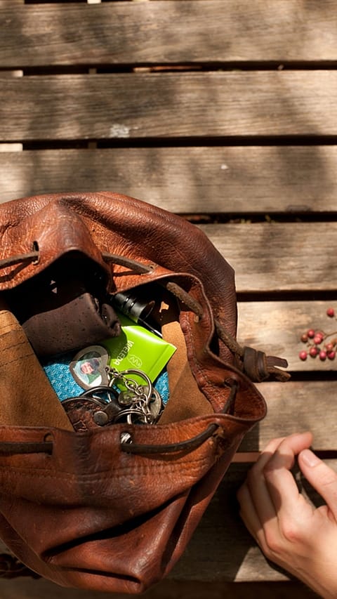Handtasche mit diversen Utensilien und einer Skin Food light Tube