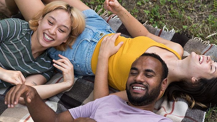 Drei Freunde liegen auf einer Decke in der Wiese