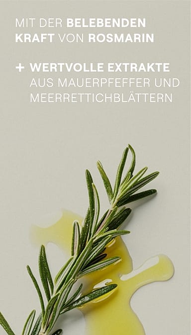 Rosmarinzweig und Rosmarinöl. Mit der belebenden Kraft von Rosmarin. Wertvolle Extrakte aus Mauerpfeffer und Meerrettichblätter.