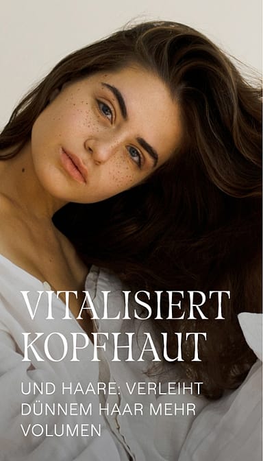 Frau mit langen, dunklen Haaren. Vitalisiert Kopfhaut und Haare: Verleiht dünnem Haar mehr Volumen.