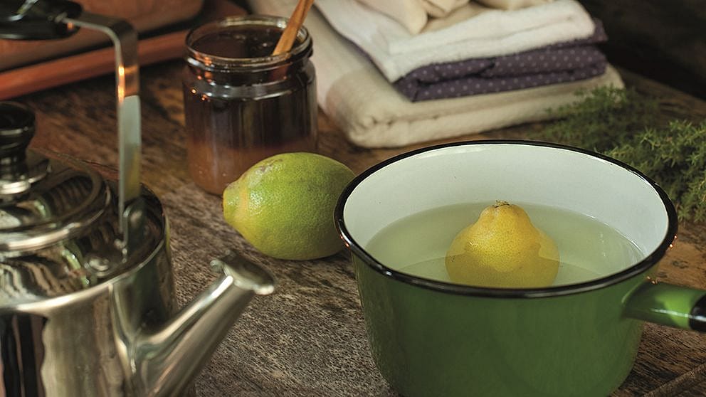 Topf mit Wasser, Zitrone und Tücher